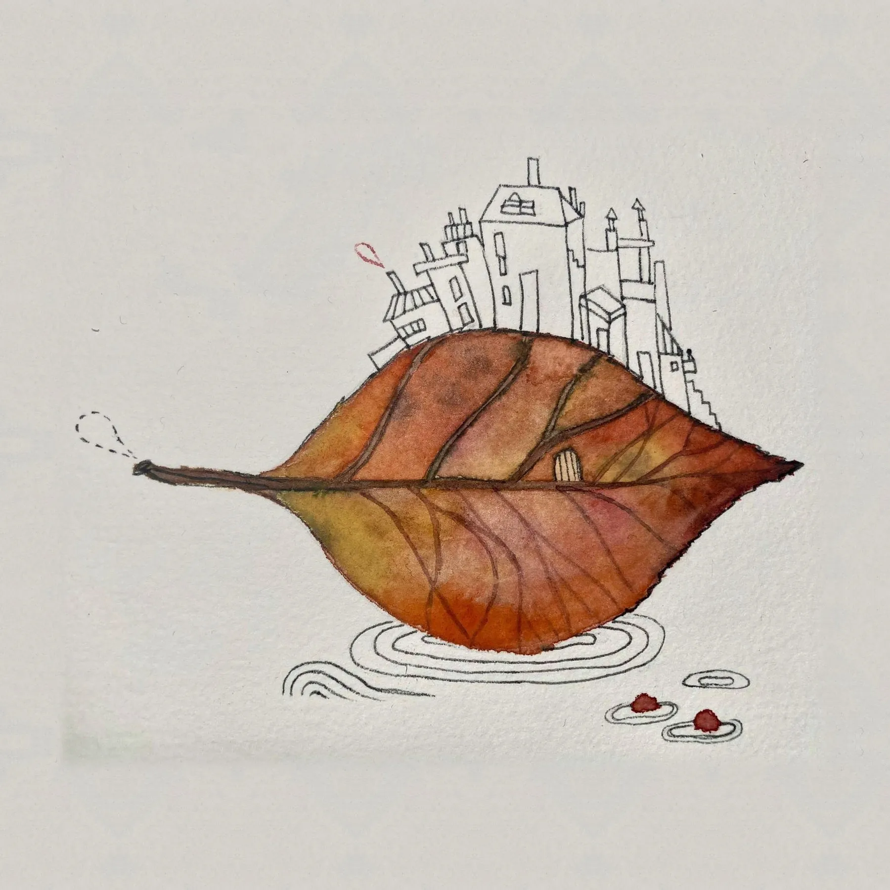 Illustrazione ad acquerello di una foglia che porta con sé una piccola città