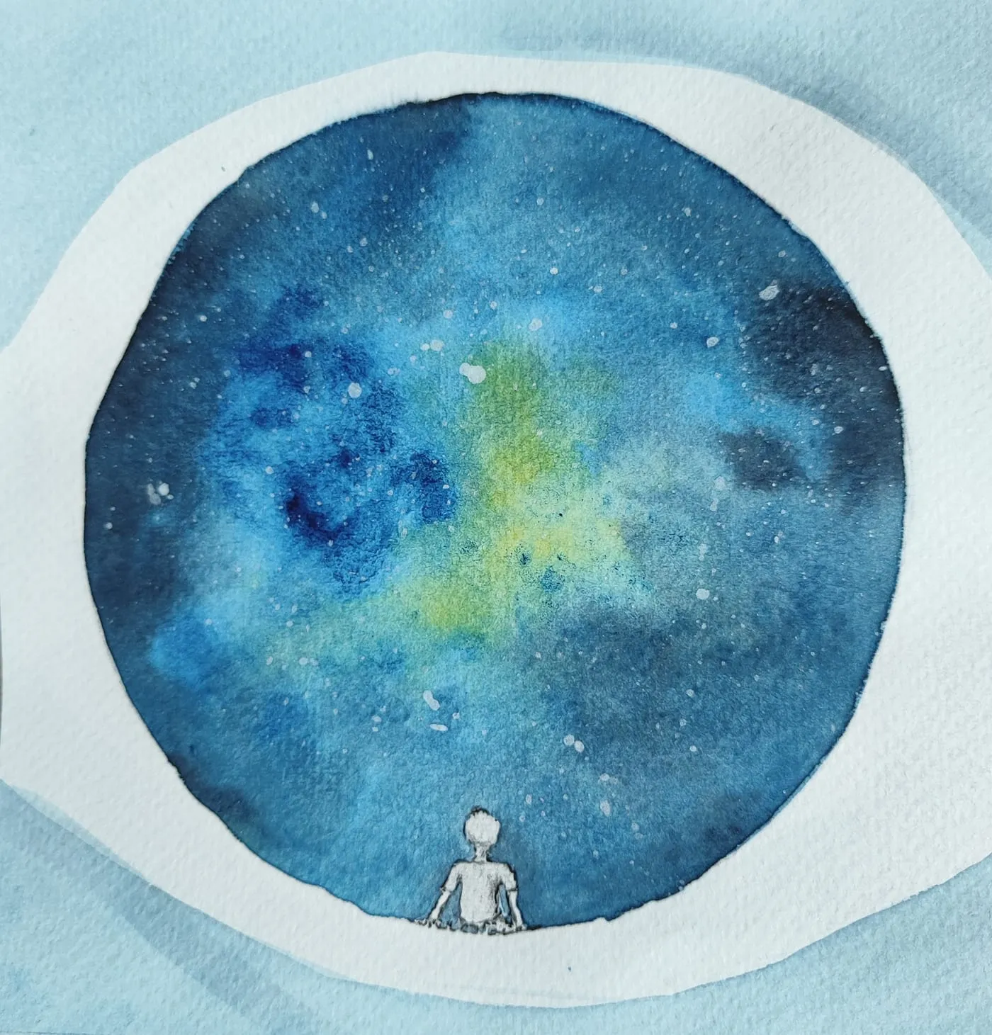 Acquerello di una piccola figura che guarda un cielo stellato dentro un cerchio